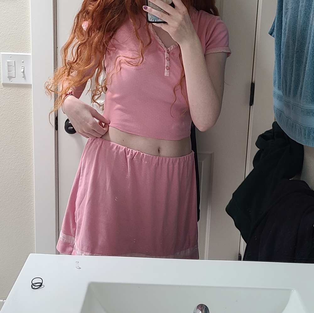 Two piece pink crop top and mini skirt set!